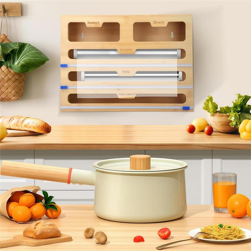 Aluminum Foil Organizer Bamboo 40 Cm Kitchen Roll Cling Film And Foil Organiser Plastic Wrap Dispenser With Cutter