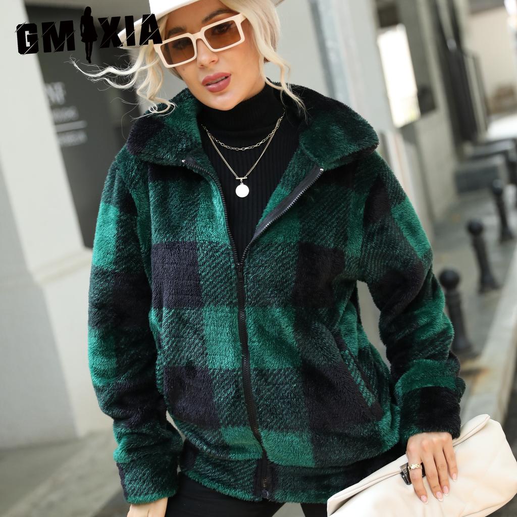 GMXIA Autumn and Winter Women's Long-sleeved Stand-up Collar Checkered Print Regular Mid-length Zipper Double-sided Plush Coat