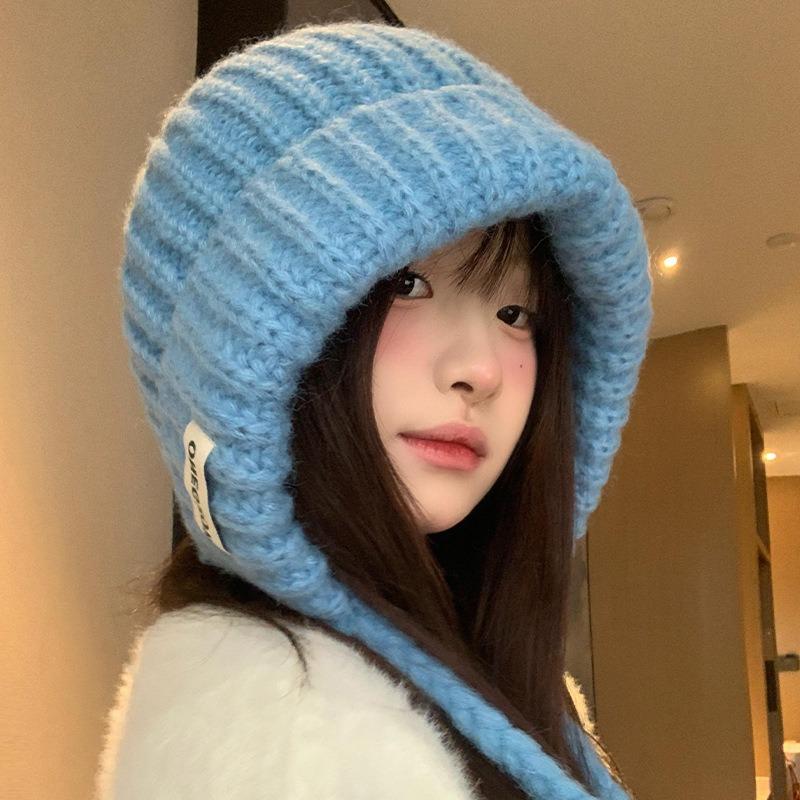 Blue Balaclava Hat Women's Autumn and Winter Warm Ear Protection Knitted Wool Hat Showing a Small Face and Cold-proof Bag Head Hat