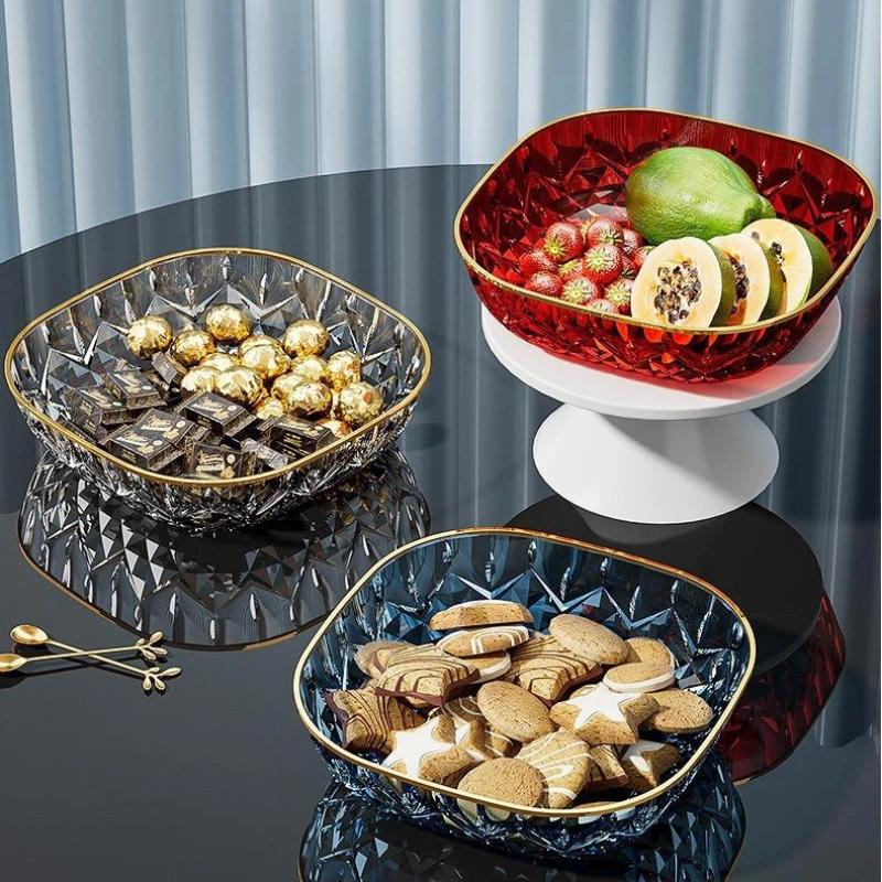 Gold Rim Crystal Fruit Bowl Diamond Cut Texture Shatter Resistant Food Safe Dish for Wedding Party Home Decor Use