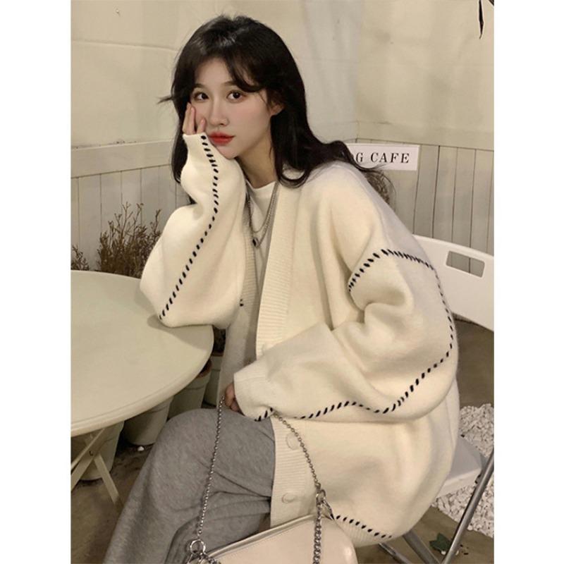 Autumn Winter Patchwork Loose Casual Cardigan Sweater Coat Women Single Breasted Knitting Outwear Top
