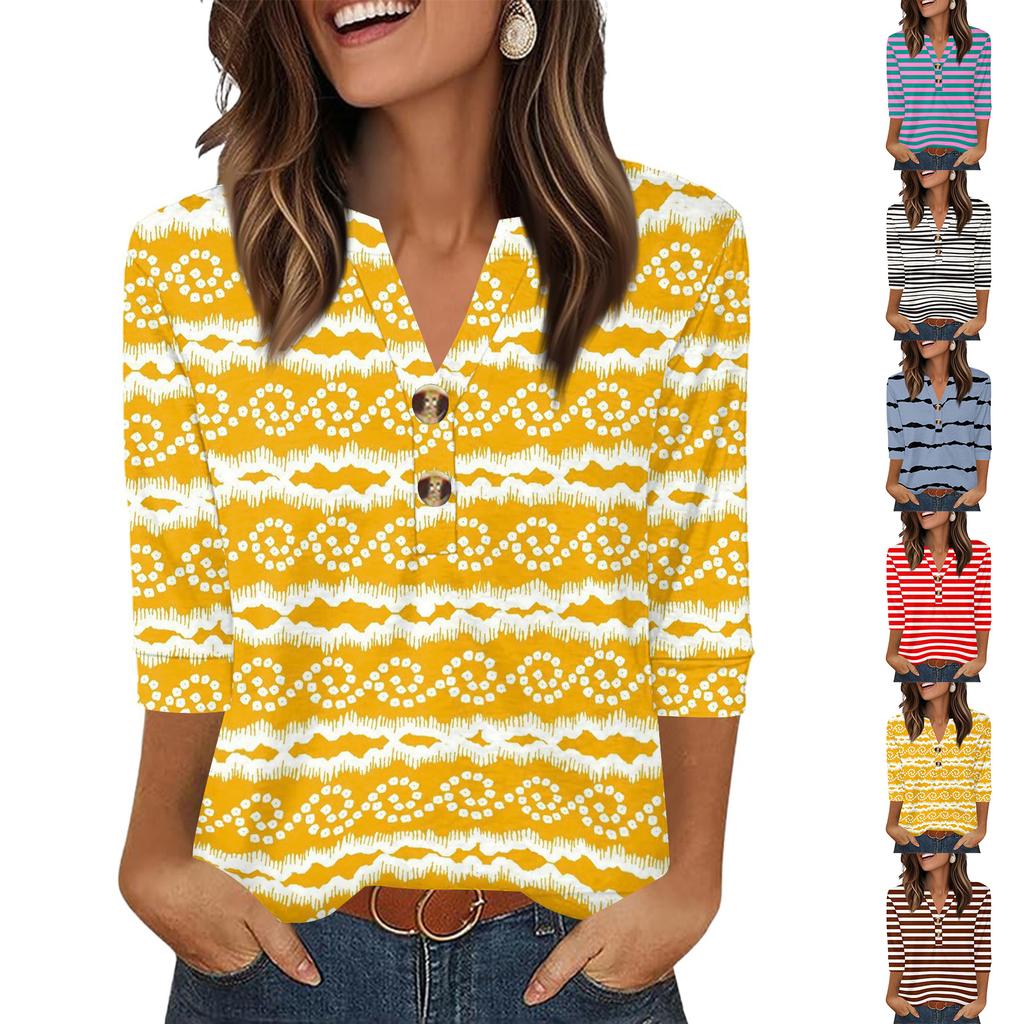 Women's Fashion Striped Print Neck 3/4 Sleeve T-Shirt Top for Everyday Wear