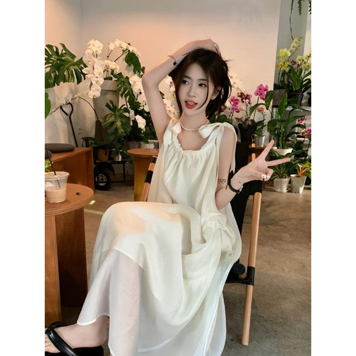 Summer Sweet New Thin Fashion Gentle Style Beige Medium and Long Suspender Dress Women's Chic