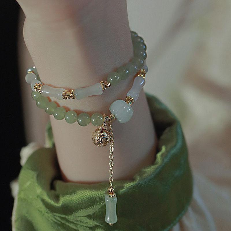 Yunshuiyao Hotan Jade Bamboo Bead Bracelet for Women, New Chinese Style Retro Golden Silk Jade Pumpkin Bead Bracelet Hetian Jade Bamboo Bracel