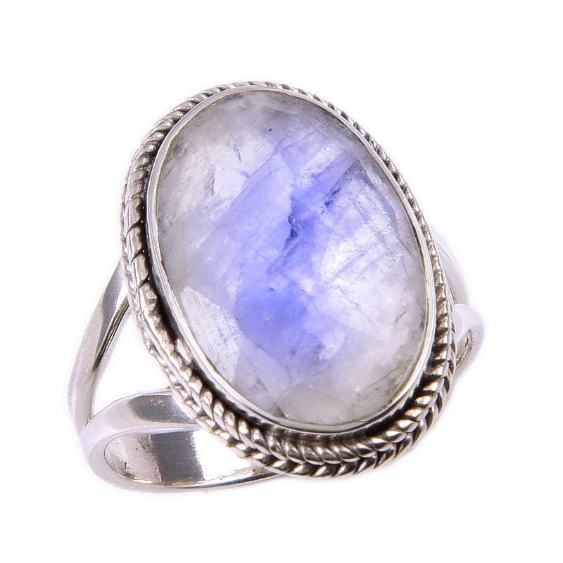 Natürlicher Regenbogen-Mondstein-Edelstein, 925er Sterling-Silber-Ring, Größe 6, c5w94