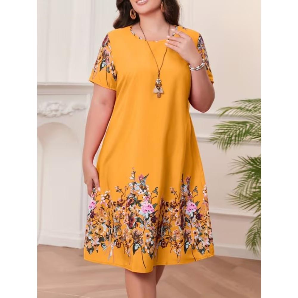 Women's Fashion Graceful Beautiful and Exquisite Patterns Print Summer Spring Short Sleeve O-Neck Casual Dresses
