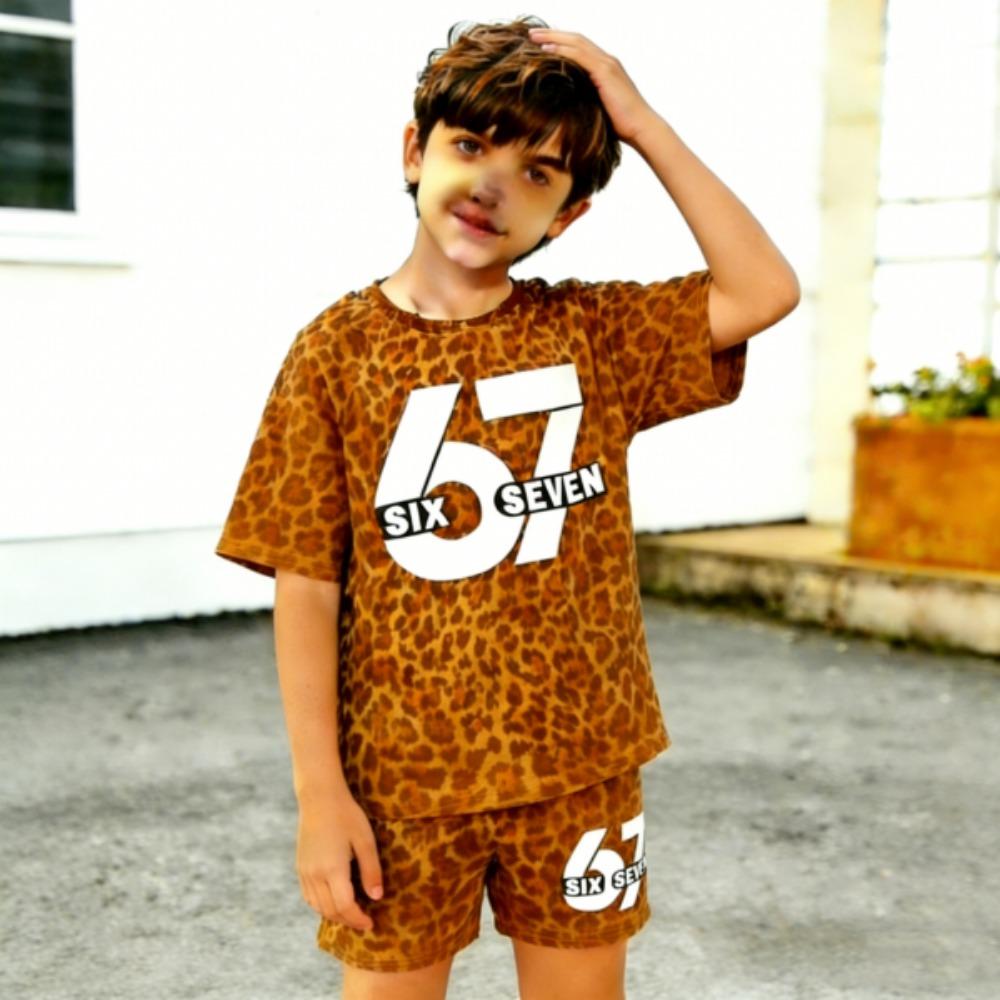67 Leopard Colored Printed kids T-shirt and Shorts 2 Piece Set Summer Casual Outfit for boy's and girl's Clothing Top