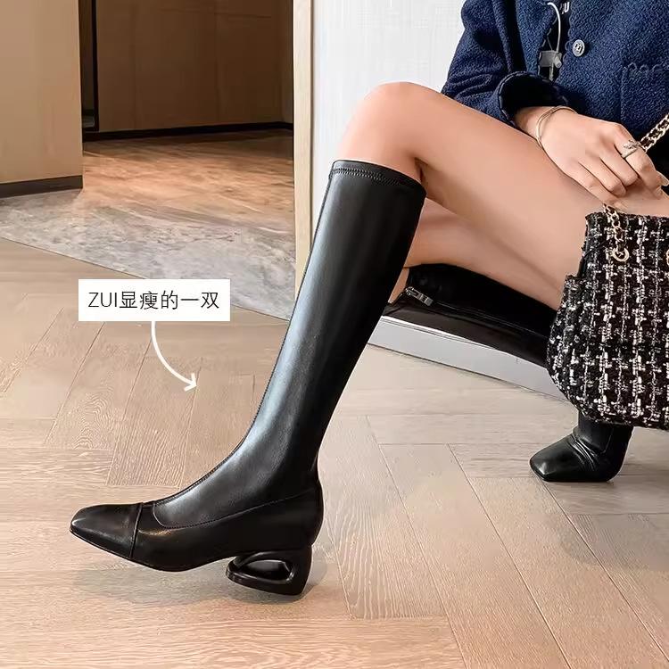 Exquisite little woman~ Korean version of temperament square head hollow thick heel side zipper large size but knee white boots women