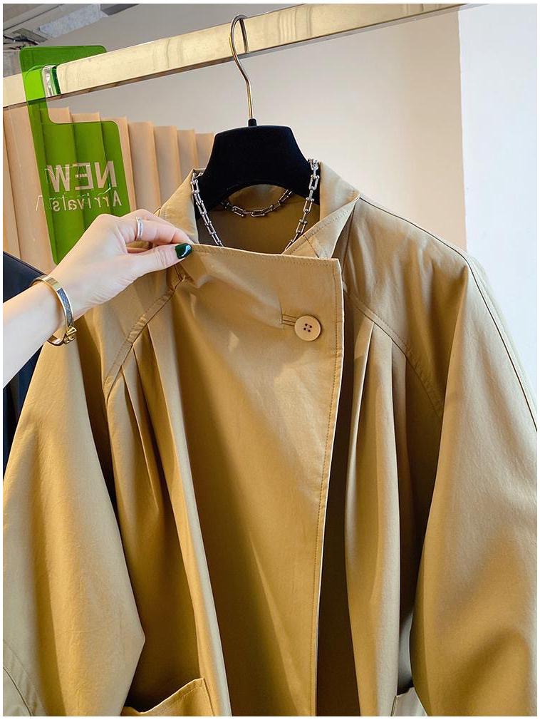Korean Style High-End Stand-Up Collar Loose Mid-Length Trench Coat for Women