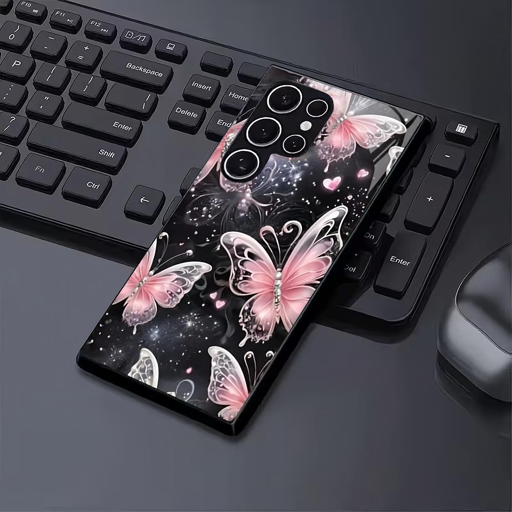 Pink butterfly tempered glass phone case suitable for Samsung Galaxy S26 S25 S24 S23 S22 S20 FE/Ultra/Plus anti drop back cover