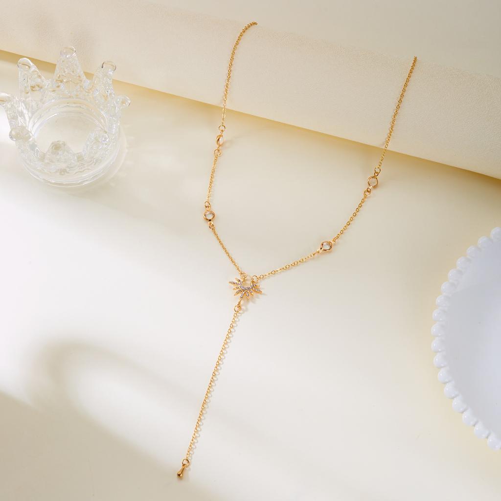 Sexy Rhinestone Long Necklace for Women Gold Color Water Droplet Sun Zircon Pendant Tassel Choker Party Accessories Jewelry Gift