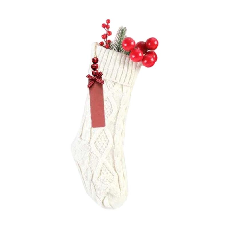 Elegant Knit Stocking Ornament For Christmas Tree Decorations Gift Candy Storage Bag With Hanging Loop белый