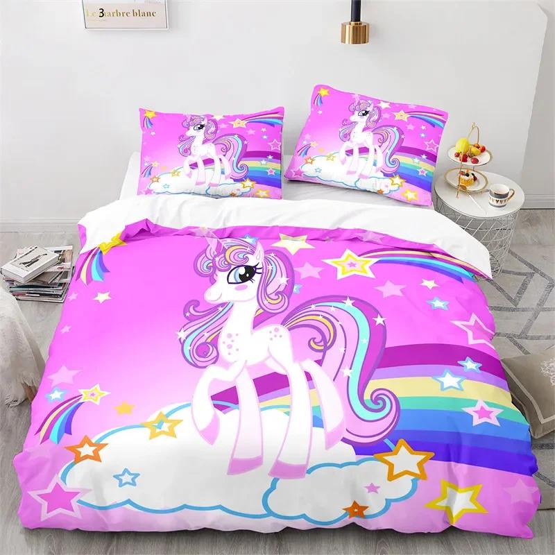 Cartoon Unicorn Floral Rainbow Girl's Eyelash Comfortable Duvet Quilt Cover Pillowcase Bedding Set Children Bedroom Home Textile