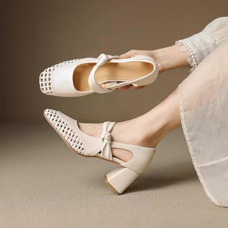 Fashion Beautiful 2025 Summer Block Heel Woven Hollow-out Baotou Sandals