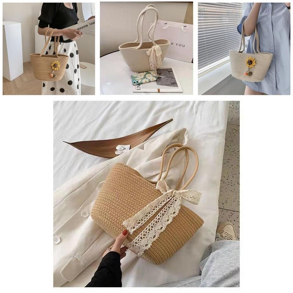 Stylish Sunflower Woven Cotton Bag For Women In Beige And Brown Perfect For Everyday Use