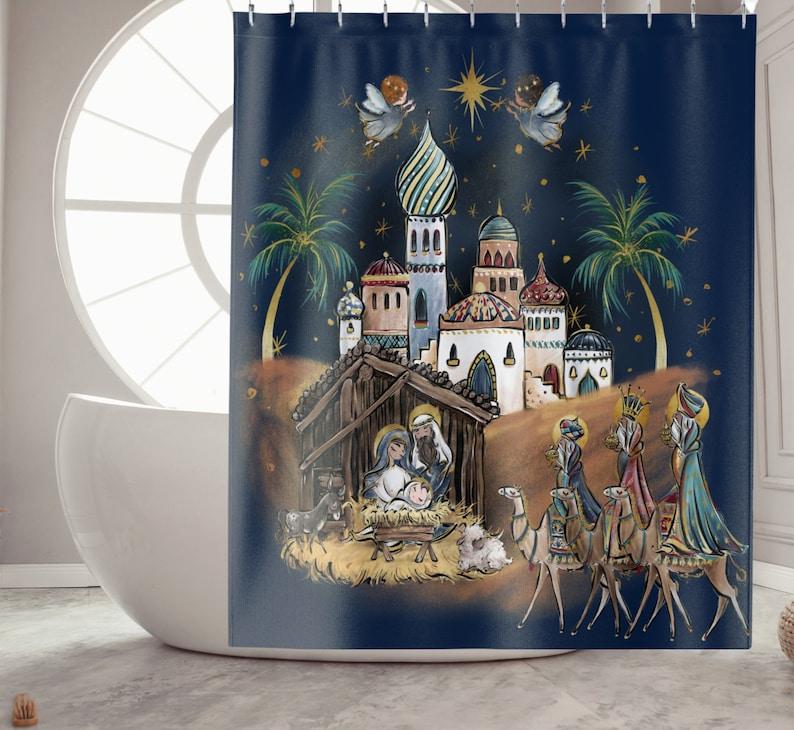 

Nativity Scene Christmas Shower Curtain, Holiday Bathroom & Home Decor With Religious Theme, Ideal For Housewarming Gift W60H190(CM)-1 Pcs