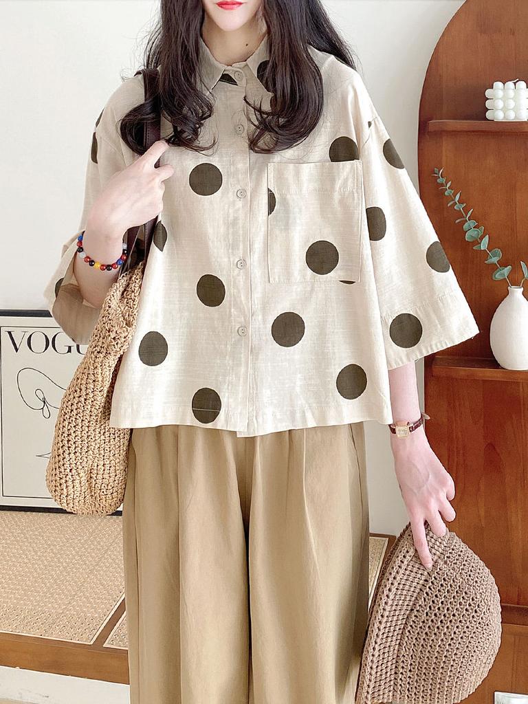 Plus Size Casual Loose Cotton Linen Shirts For Women Japanese Harajuku Style Short Tops Polka Dot Sleeves Shirt