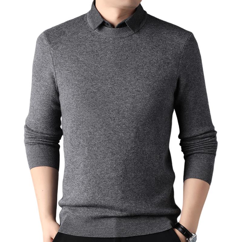 

ROMON Men s Thickened Faux Layered 100% Wool Sweater with Shirt Collar XL