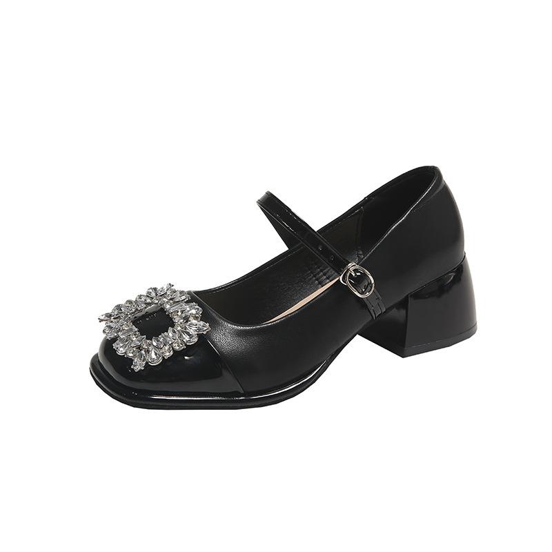

Французские туфли Мэри Джейн на толстом каблуке женские 2025 весна новые туфли на высоком каблуке со стразами в стиле маленького аромата с ремешком на подъеме и мелким вырезом 34 чёрный