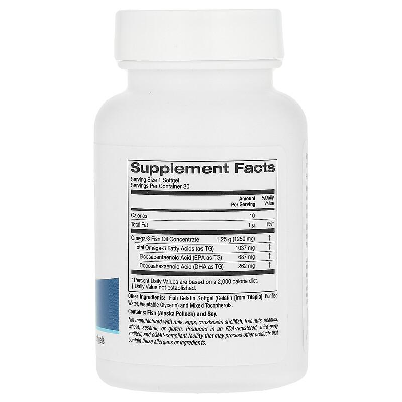 Omega-3 Fish Oil, 30 Fish Gelatin Softgels (1,250 mg per Softgel)