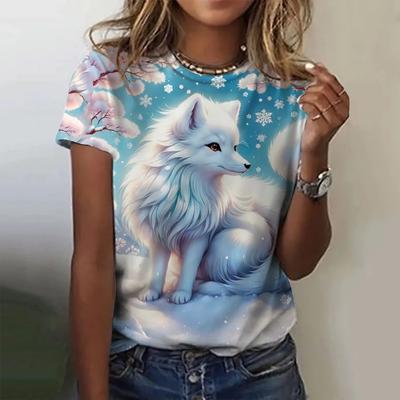 New T-shirt Women Cute Fox Print O Neck Loose Short Sleeve Fashion Animal Graphic Summer Loose T-shirt