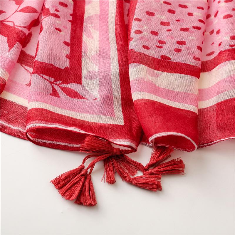 Fresh Cotton Linen Sun Protection Shawl: Red Flower Tassel Silk Scarf for Spring/Summer Travel