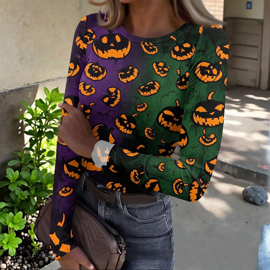 Women's Casual Long Sleeve Ribbed Top Halloween Print Round Neck Stretchy Slim Fit Pullover Shirt for Fall and Winter