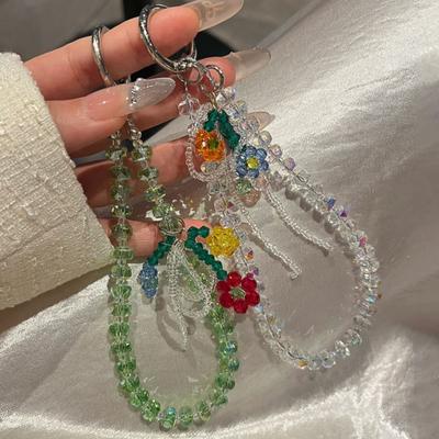 Luxury Sparkle Rhinestone Cute Flower Pendant Bead Hand Chain Wrist Short Hanging Rope With Clip Phone Case Earphone Keychain