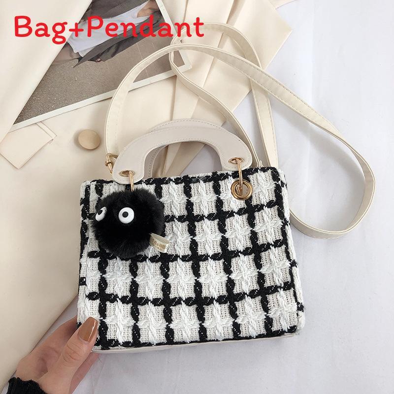 Wool Blend Girl Shoulder Bag With Plaid Pattern For Casual Daily Use