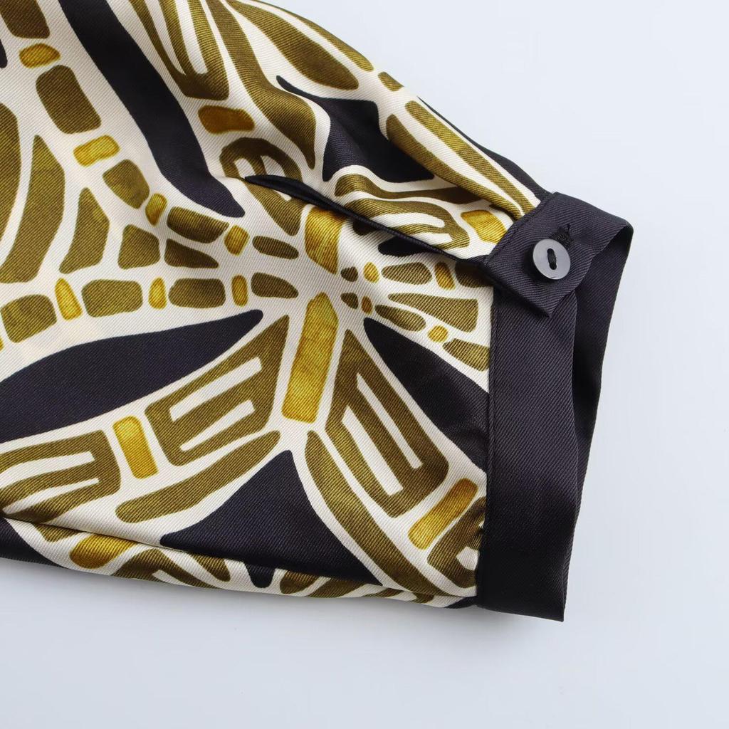 Vestido Midi Estampado con Cinturón y Cuello en V Europeo y Americano para Mujer Primavera 2025