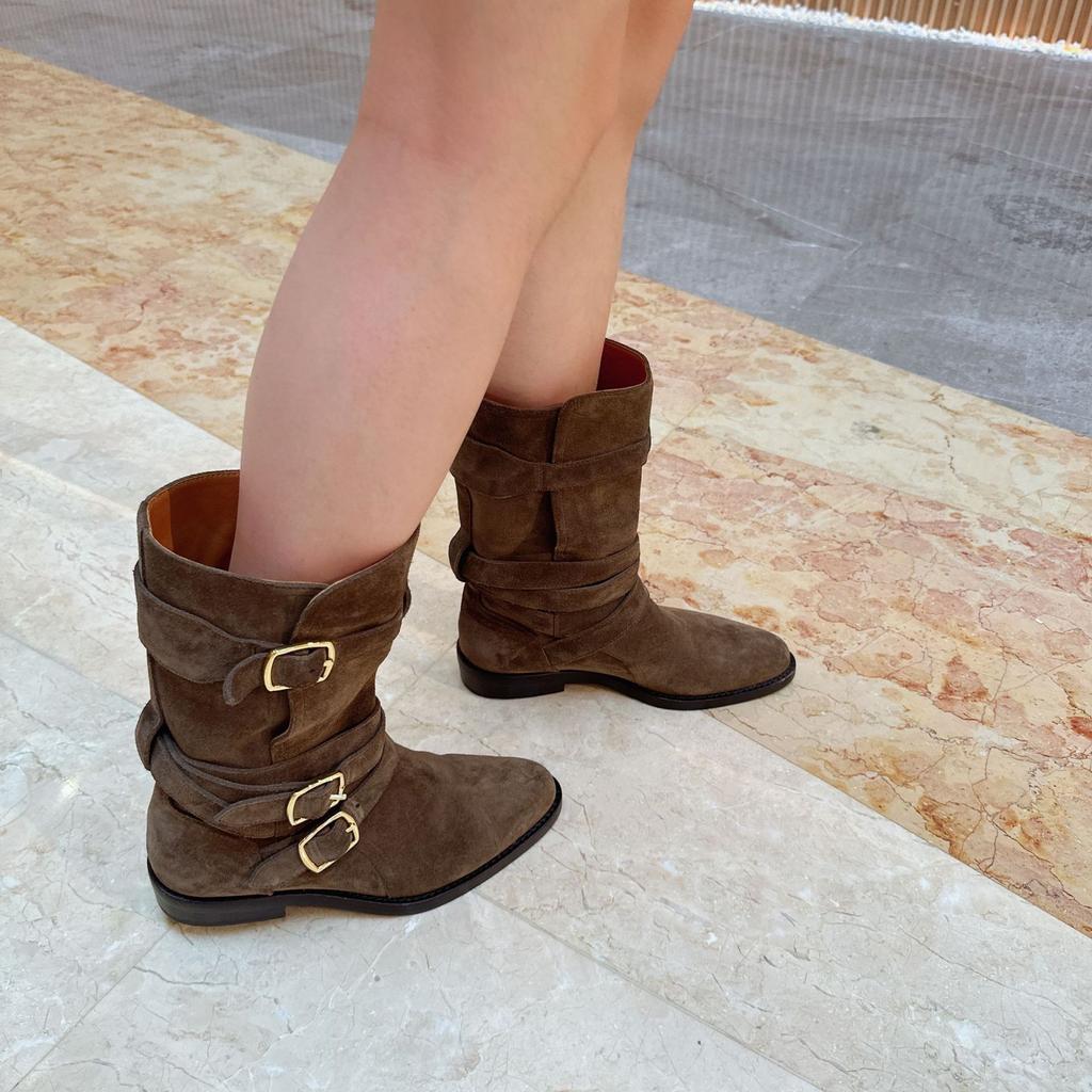 Cowhide Version~ Retro Maillard Western Cowboy Boots Belt Buckle Suede Knight Short Boots Thick Heel Thin Medium Boots