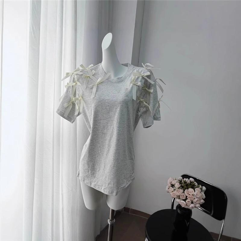 Cute European American Style Ribbon Bow Loose Short Sleeve T Shirt Comfortable Cotton Casual Top For Girls Loose Fit Stylish Upper Wear For Everyday