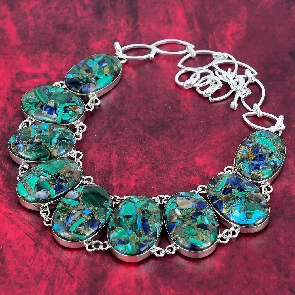Collier en cuivre malachite azurite, bijoux faits à la main, collier en argent sterling massif 925, bijoux en pierres précieuses, collier à chaîne réglable, cadeau pour femme