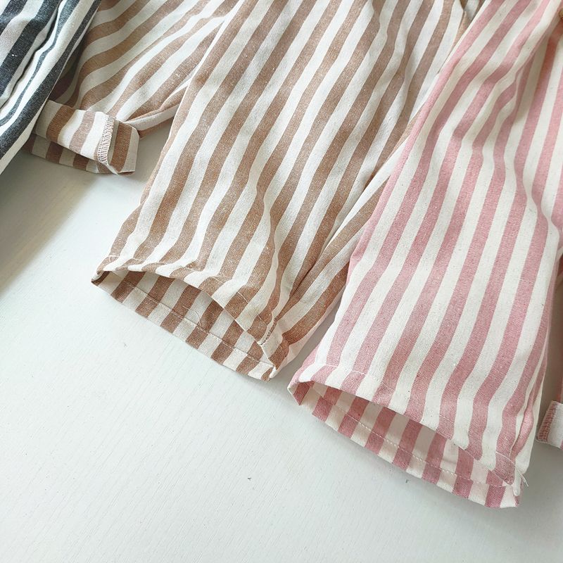 Children's Cotton and Linen Striped Cropped Pants Summer Girls' Loose Striped Pants Casual Lace Up