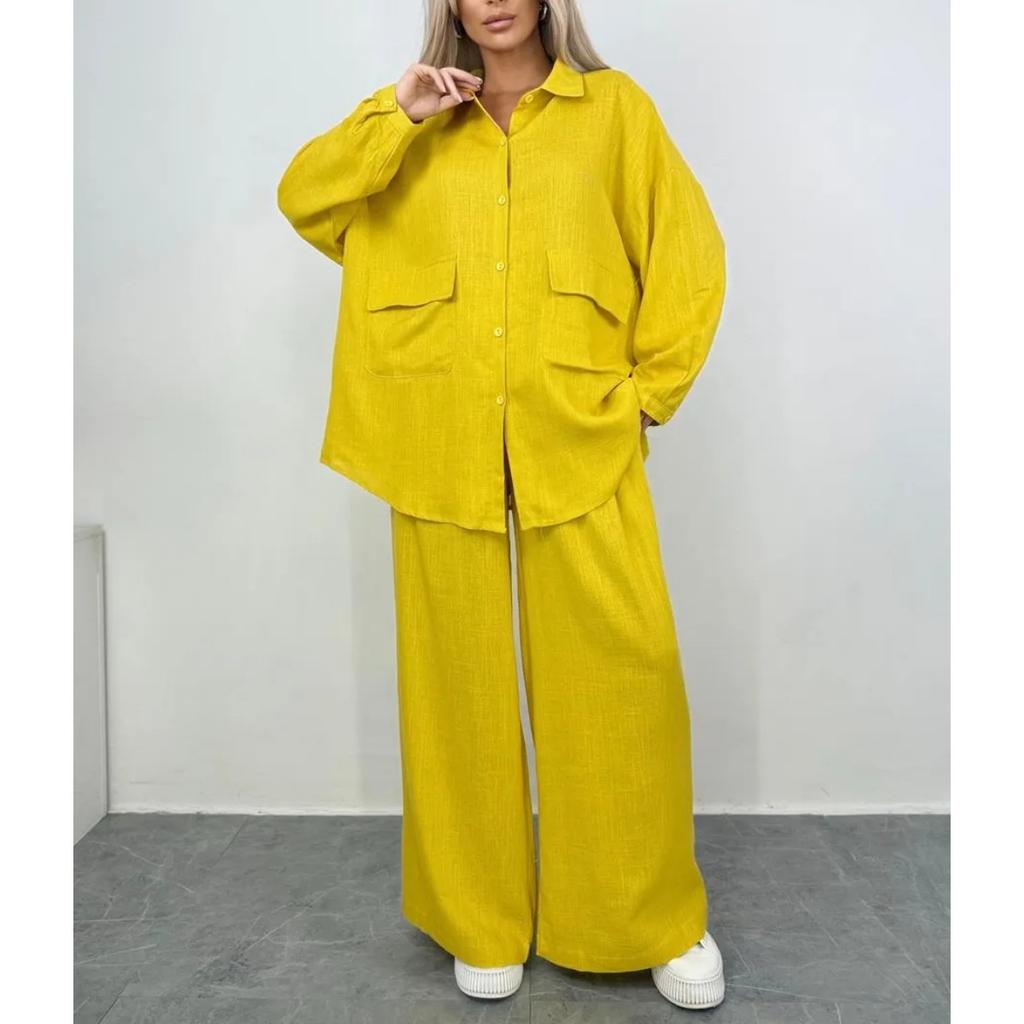 Fall Winter Women's 2 Pieces Outfits Long Sleeve Loose Shirt + Wide Leg Pants Set Casual Fashion Outfit