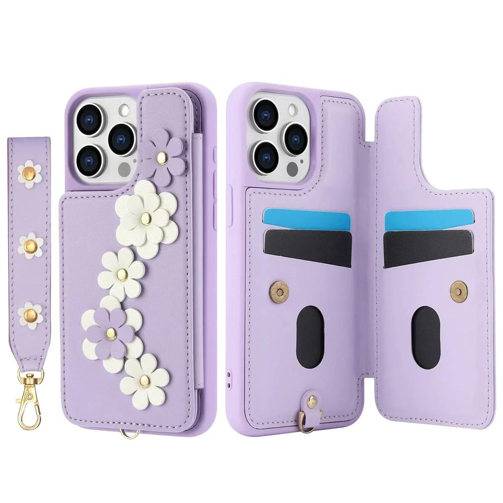 Wallet Case for iPhone 16 15 14 Pro Max Plus, Card Holder Crossbody Purse, Cute Flower Design, Magnetic Kickstand Phone Cover