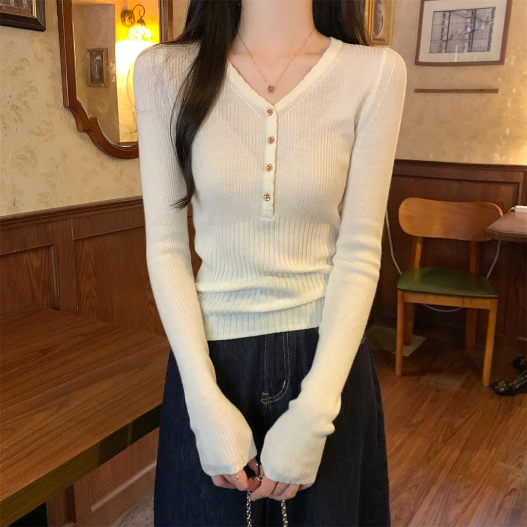V-neck Sweater Knitted Sweater Women's Autumn New Pit Strip Long-sleeved High-end Temperament Slim-fitting Inner Bottoming Shirt