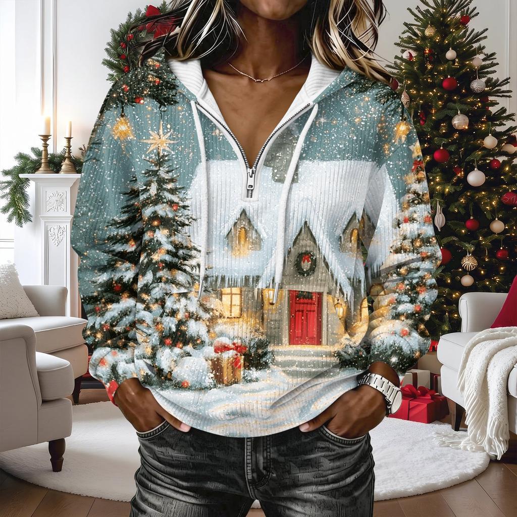 Women's Fashion Christmas Print Long Sleeve Hooded Pullover Sweatshirt Top