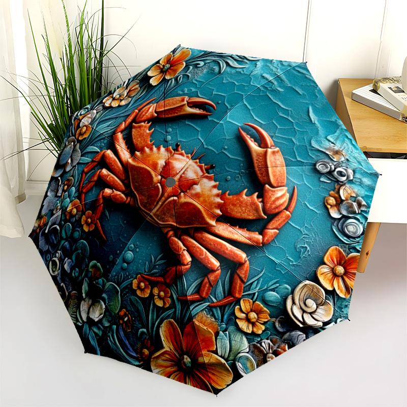 0106 Embossed Floral Marine Animals Pattern, Automatic Folding Umbrella, Portable and Foldable Design, 8 Ribs, a Christmas or Birthday Gift.