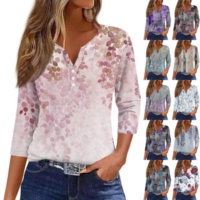Women's T Shirt Tee Print Button  3/4 SleeveDaily Weekend Fashion Basic V- Neck Regular Top