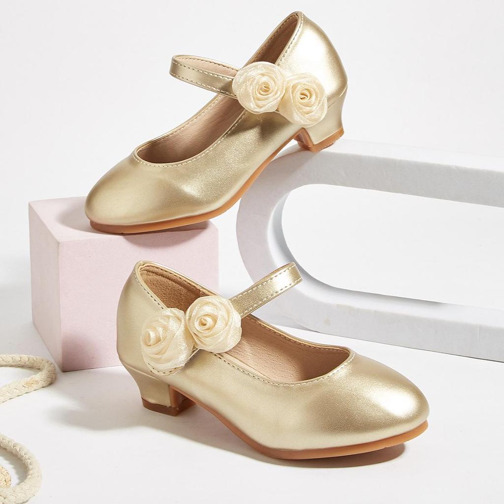 Spring 2026 Floral Round-Toe Princess Heels for Toddlers & Girls, Leather Shoes