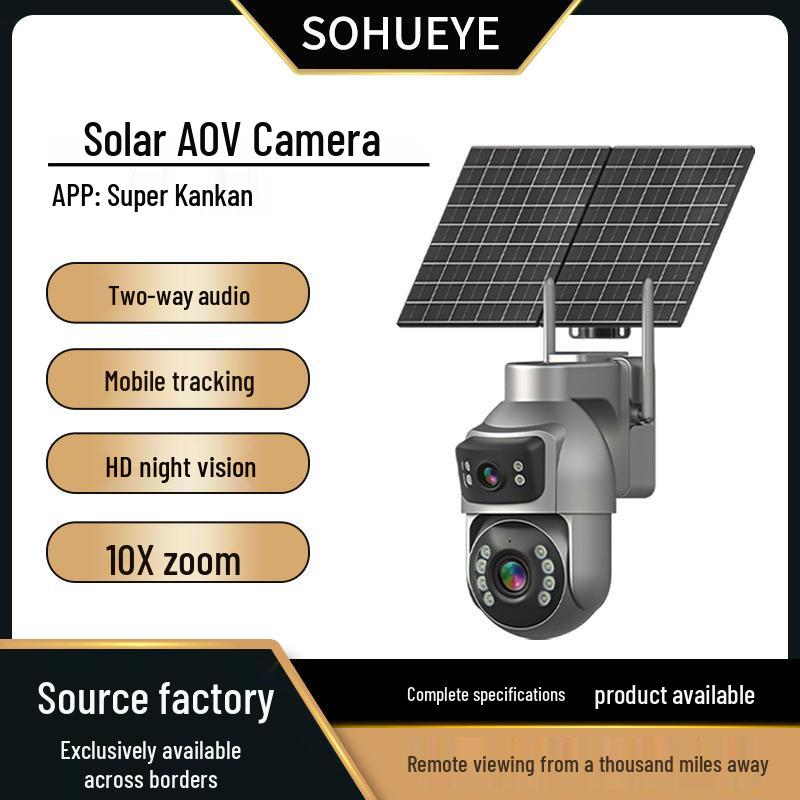 Solar-Powered Dual-Lens Surveillance Camera, 10X Zoom, Full Color, Outdoor Waterproof, Mobile Alarm Monitoring.