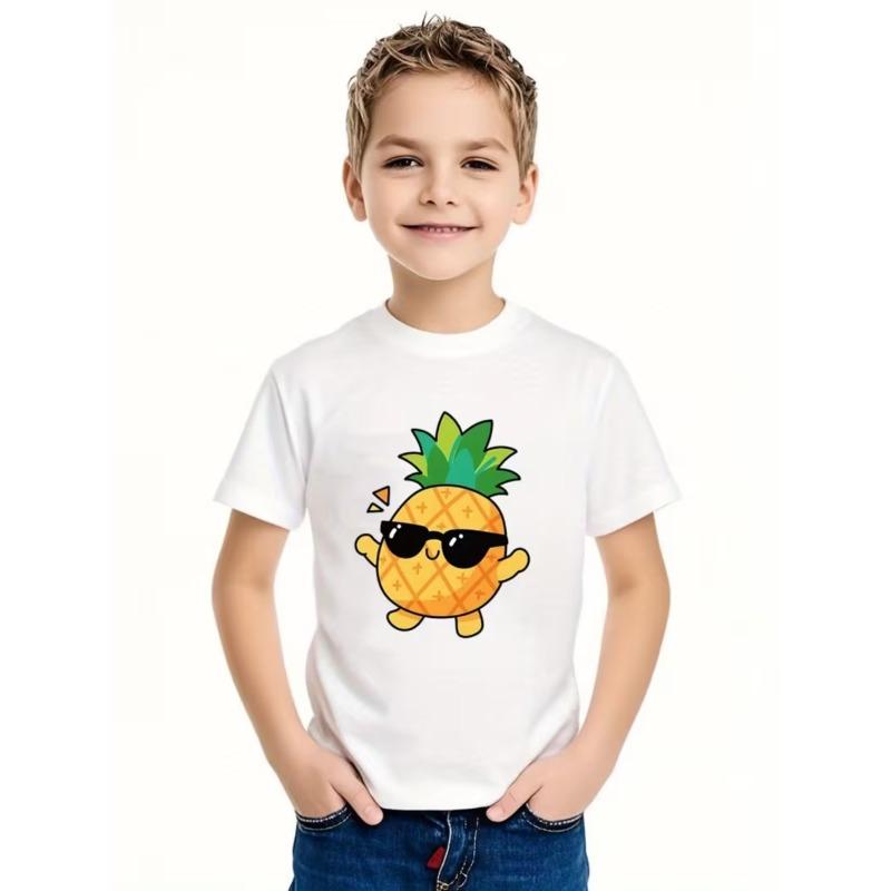 European sizes Boys' Casual Short-Sleeve T-Shirt Featuring a Trendy Pineapple Print with Cool Glasses, Stylish And Comfortable Summer Wear