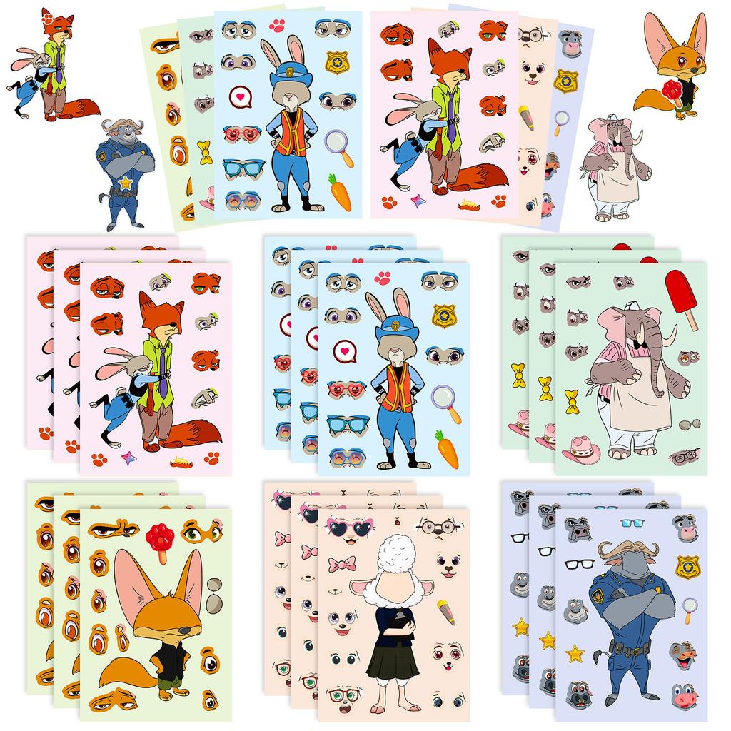 Hot Cartoon Crazy Animal Rabbit Officer Face Swap Stickers 6 Pieces/Package Children'S Anime Surrounding Diy Costume Stickers