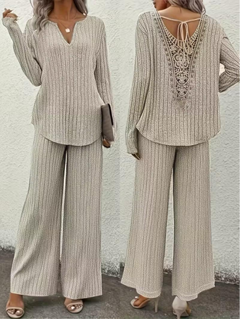 

2025 Autumn/Winter V-neck Lace Patchwork Ribbed Knit Top and Long Sleeve Two-piece Set M абрикосовый