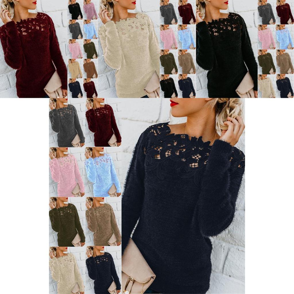 Cozy Women's Autumn Winter Fleece Sweater Tops With Elegant Lace Design For Style