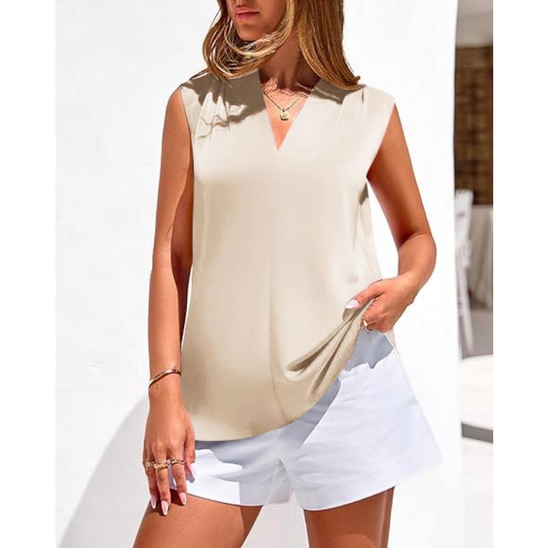 Blusa Estiva Casual da Lavoro da Donna Senza Maniche Scollo a V Rigate Raso Monocolore