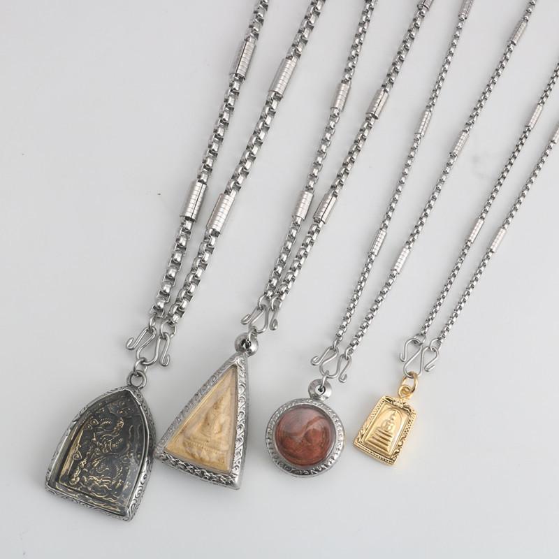 Guan Gong & Guanyin Pendant Necklace: Stainless Steel Beaded Chain with Pearl and Square Thai Amulet - Unisex Titanium Steel.