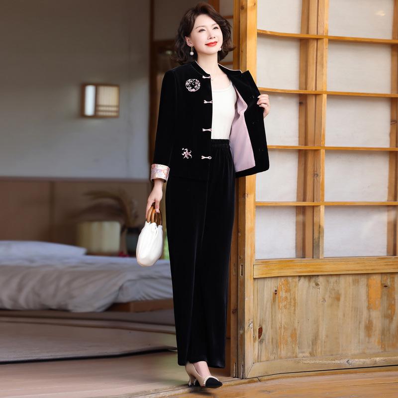 2025 Spring/Autumn Classic Chinese Style Velvet Two-Piece Set for Middle-Aged Women