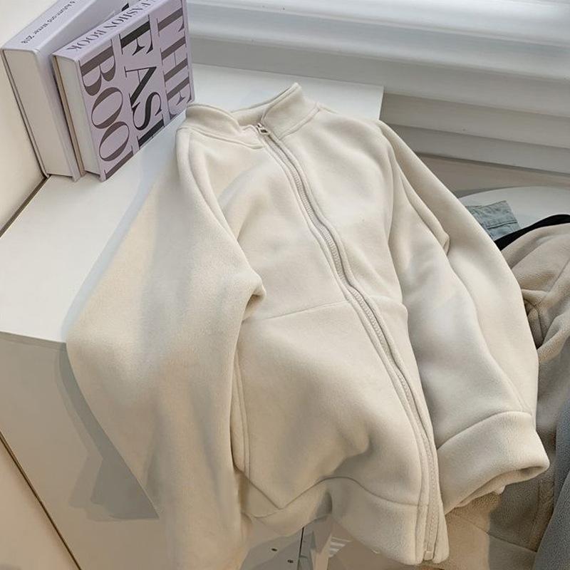 Warm Stand Collar Faux Lamb Double Face Polar Fleece Jacket Women Autumn Winter Loose Slimming Fleece Lined Thick Hoodie